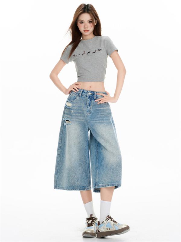 デニムパンツ レディース ウォッシュ加工 ブルー ハイウエスト ワイドレッグ ダメージ加工 梨型体型カバー 細見え 通勤 綿混 ノンストレッチ 春夏 七分丈 クロップドパンツ