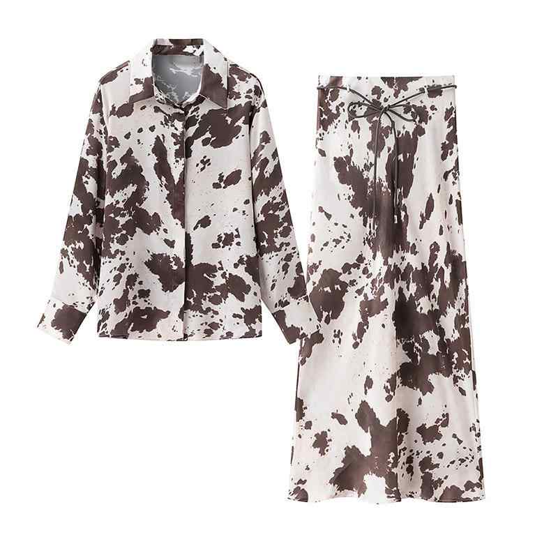 スカートスーツ レディース ゆったり ルーズフィット 細身 アニマル柄 3Dプリント シャツ ブラウス ハイウエスト アンクル丈 スカート 春物 セットアップ ポリエステル素材 欧米風 ストリートカジュアル