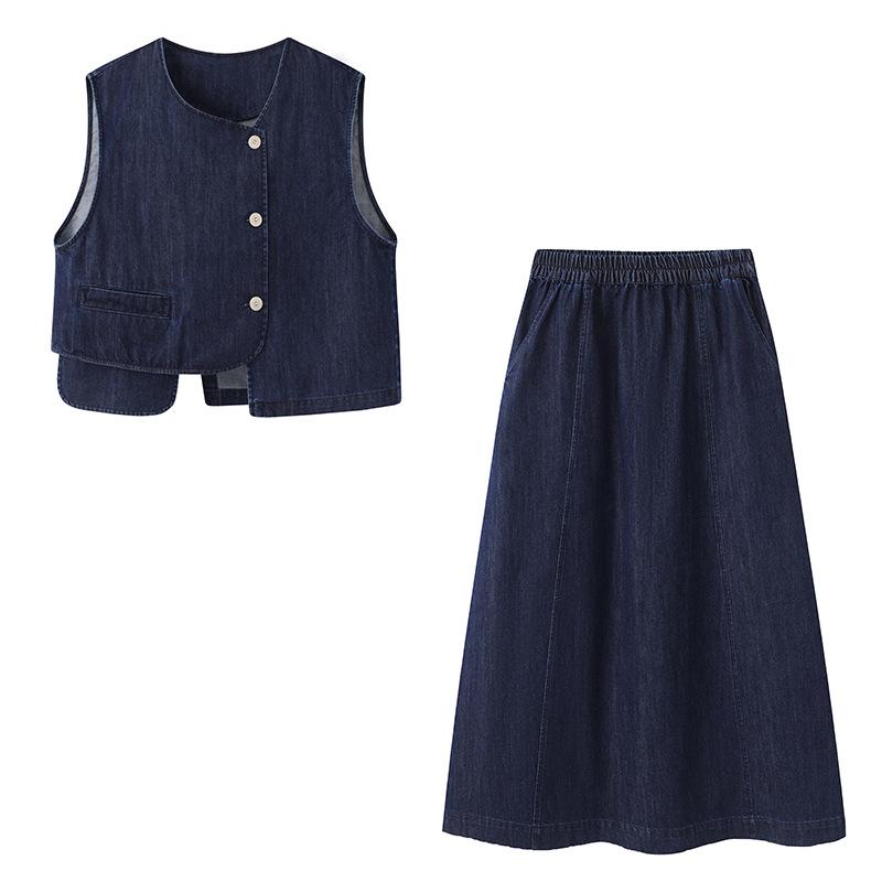 スカートセットアップ レディース 春夏 通勤 レトロ 切り替え デニム ノースリーブ ベスト ミモレ丈スカート 森ガール系 カジュアル エレガント コットン ポリエステル 無地