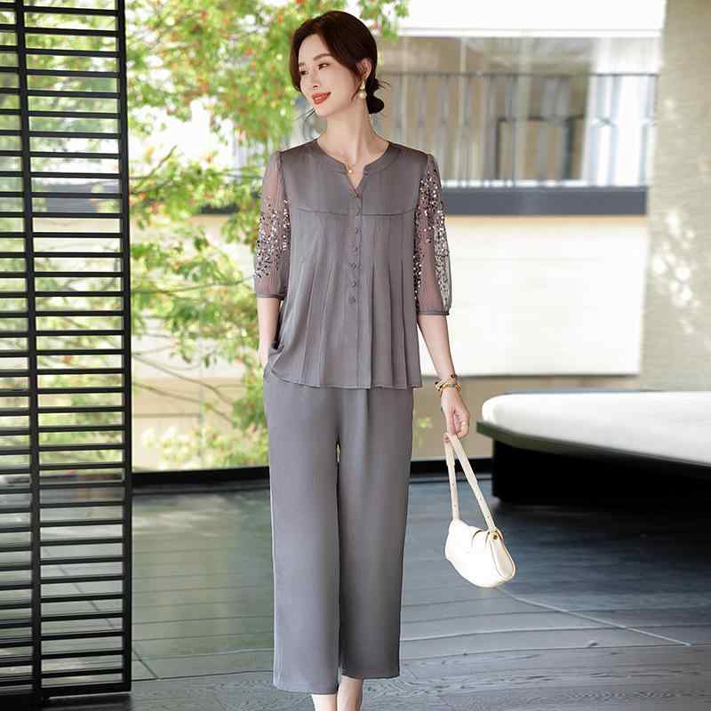 セットアップ レディース ミセス向け 半袖 トップス ワイドパンツ 2点セット ゆったり 薄手 シフォン素材 9分丈 花柄 夏 カジュアル