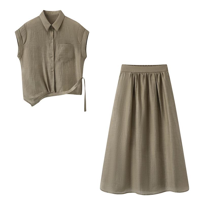 セットアップ レディース 接触冷感 軽量 テンセルリネン ノースリーブ シャツ 切り替え ミディ丈 スカート エレガント きれいめ 無地 カジュアル 通勤 オフィス ツーピース