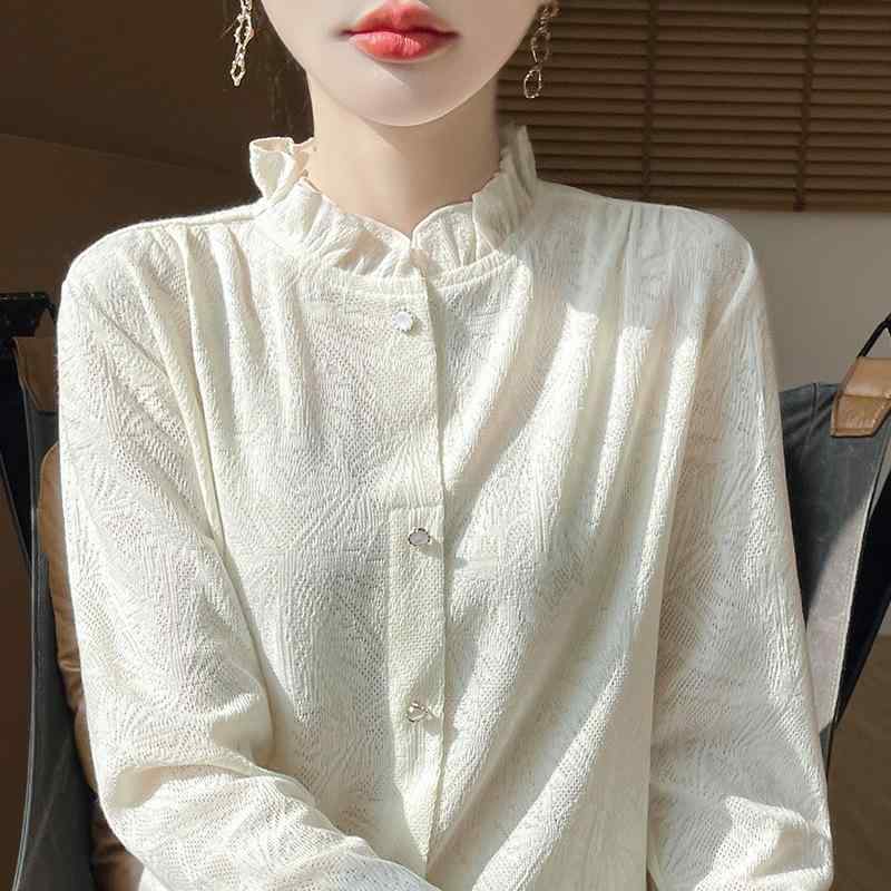 ニット レディース 春夏 光沢ベロア ショート丈 メロウフリル ハイネック ジャガード 長袖 プルオーバー スリムフィット イージーケア 通勤 オフィス エレガント 上品 インナー カットソー