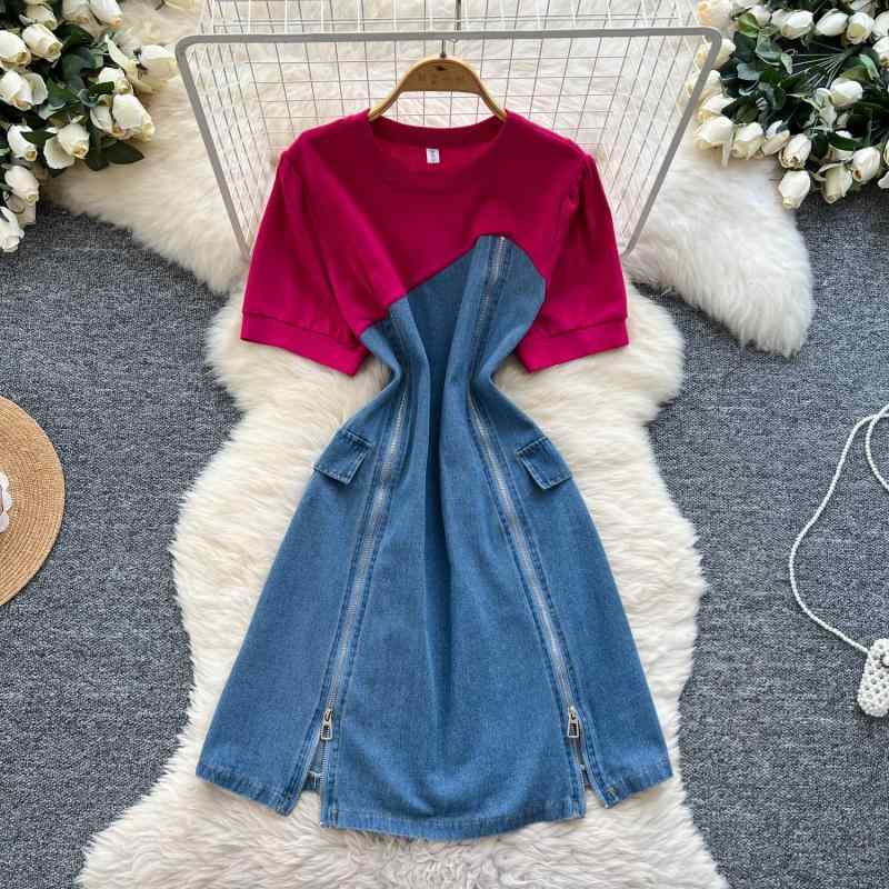 ワンピース レディース 韓国風 おしゃれ デザイン フェイクレイヤード ポロ襟 半袖 パフスリーブ 切り替え ウエストマーク デニム ジッパー ミディ丈 春夏