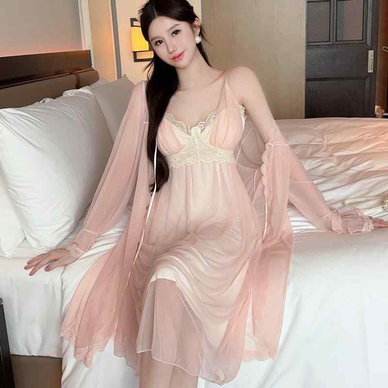 ルームウェア レディース モダール レース キャミソールワンピース ナイトガウン 2点セット 胸パッド付..