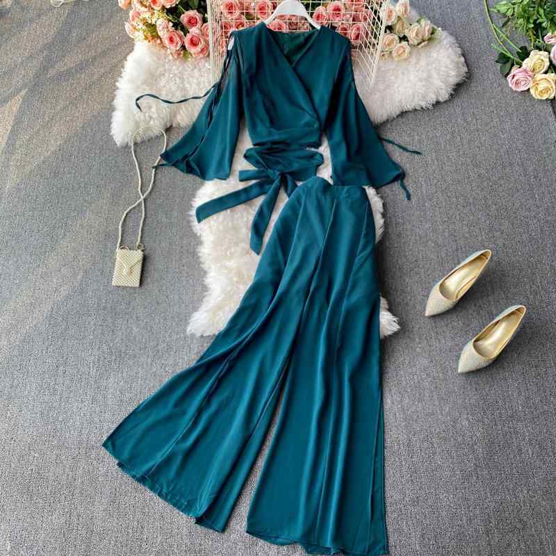 セットアップ レディース Vネック リボンタイ ウエストマーク ショート丈 シフォンブラウス フレアスリーブ ハイウエスト スリット ワイドパンツ ガウチョパンツ 通勤 オフィス 上品 エレガント