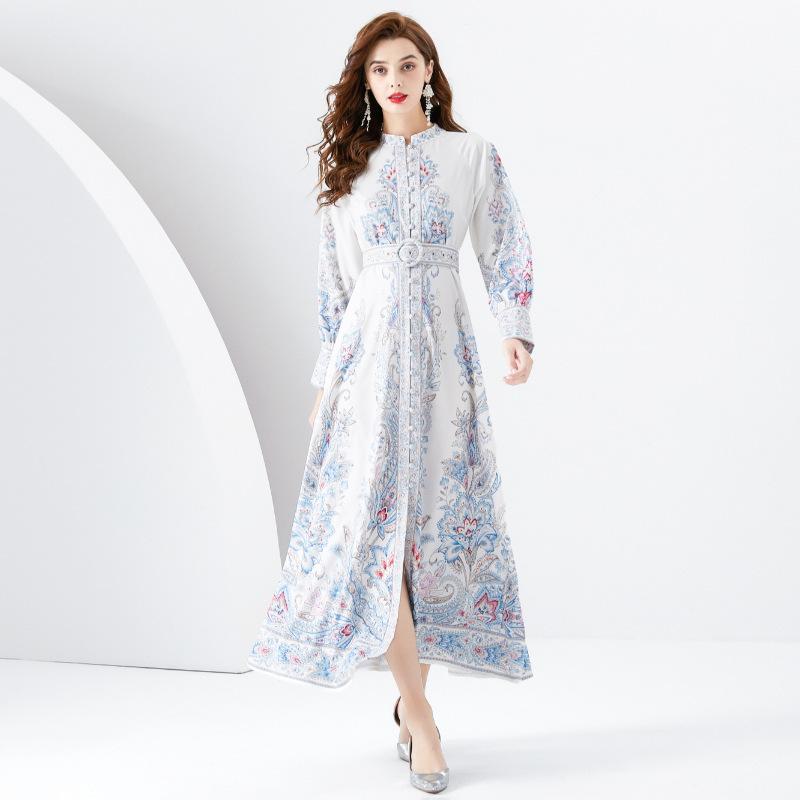 Rakuten - ワンピース 春夏 宮廷風 立ち襟 ダブルフロント ランタンスリーブ プリント ロング丈 レース シフォン 長袖
