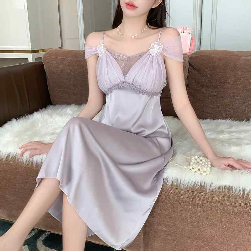 ルームワンピース レディース 接触冷感 カップ付き 2WAY ワンマイルウェア 部屋着 パジャマ ネグリジェ ナイトドレス スリップ キャミソール かわいい 上品 Vネック ロング丈 シルクタッチ 春夏秋