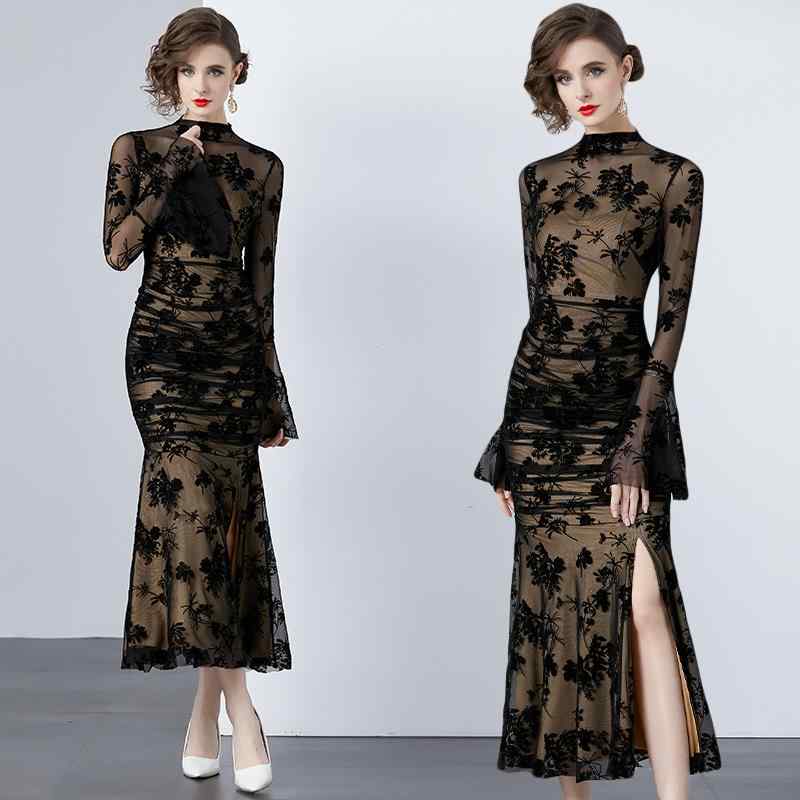 ワンピース レディース ホルターネック フロッキー加工 ニット ベロア マーメイドドレス 黒 ブラック きれいめ セクシー 高級感 春夏 長袖 ロング丈 パーティー フォーマル