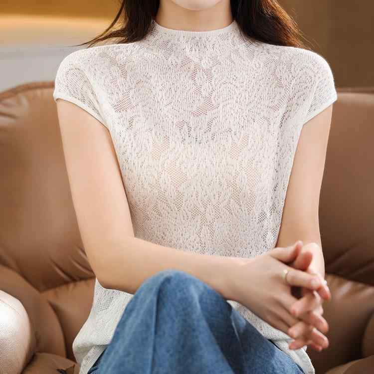 Tシャツ レディース ウールブレンド ハイネック レース 透かし編み ジャガード 花柄 プルオーバー 半袖 カットソー 通勤 オフィス カジュアル 上品