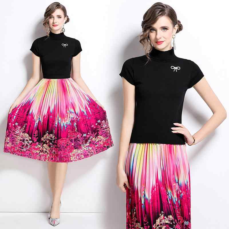 セットアップ レディース 春夏 上品 都市風 通勤 アクリル素材 プリーツ プリント ロングスカート フリル袖 超長袖 万能 カットソー