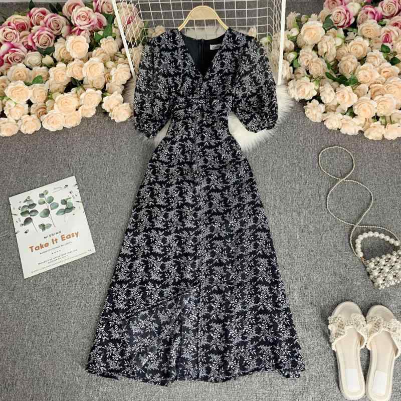 ワンピース レディース 春夏 フェミニン 森ガール風 Vネックライン ウエストマーク スタイルアップ 小花柄 シフォン 半袖 Aライン フレア マキシ丈 ロングワンピース おしゃれ ポリエステル フリーサイズ