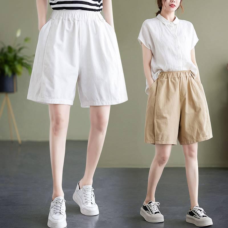 Rakuten - カジュアルパンツ レディース ウエストゴム ハイウエスト 細見え 切り替え アシンメトリー ワイドシルエット ショート丈 ハーフ丈 クロップド丈 綿 コットン レトロ 着回し 春夏 通勤 オフィス ポケット付き アクリル素材