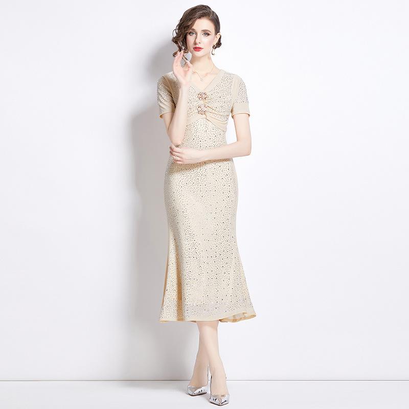 ワンピース レディース 煌めく スパンコール ラインストーン マーメイドライン 半袖 Vネック 高級感 エレガント パーティードレス フォーマルドレス 結婚式 二次会 お呼ばれ ミモレ丈