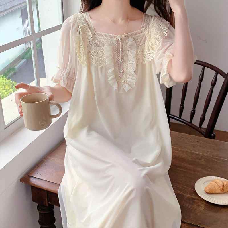 ルームウェア レディース 胸パッド付き 接触冷感 モダール素材 パジャマワンピース ネグリジェ 部屋着 フレンチ 宮廷風 スクエアネック 五分袖 ロング丈 フェミニン プリンセス かわいい スウィート 春夏