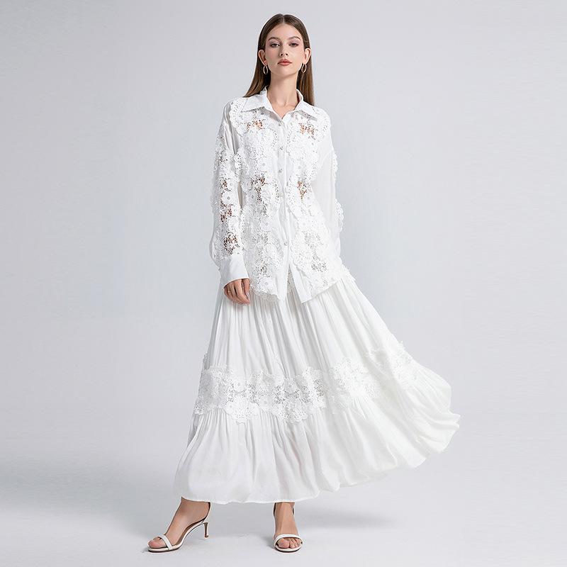 セットアップ レディース 欧米風 オフィス カジュアル 通勤 レース 透かしデザイン 高級感 フリル袖 長袖 フレア ロングスカート