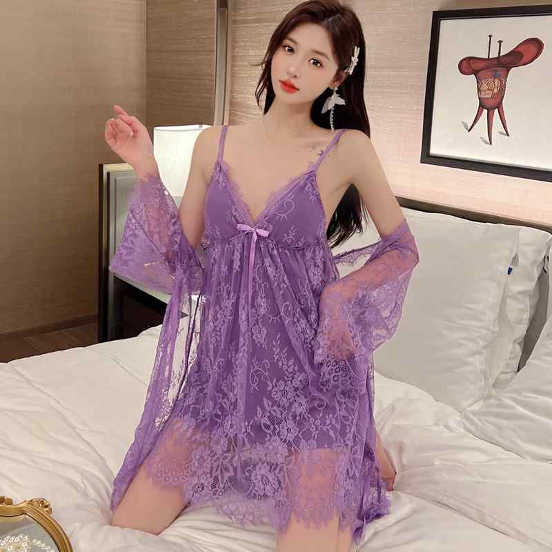 ナイトウェア レディース 春夏 上品 セクシー ランジェリー レース 薄手 胸パッド付き キャミソール スリップ ガウン ルームウェア 2点セット パープル フリーサイズ