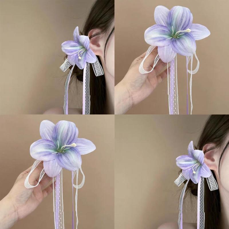 Other - ヘアクリップ レディース パープル 百合の花 フリンジ ロングリボン リゾート ビーチ撮影 韓国風 フェミニン かわいい 樹脂製