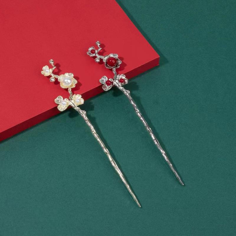 かんざし 梅の花 桃の花 花モチーフ 繊細 エレガント クラシカル 金属製 チャイナドレス 中国伝統衣装 和装 着物 浴衣 卒業式 成人式 パーティー 結婚式 上品 華やか 白梅 赤梅 大人可愛い