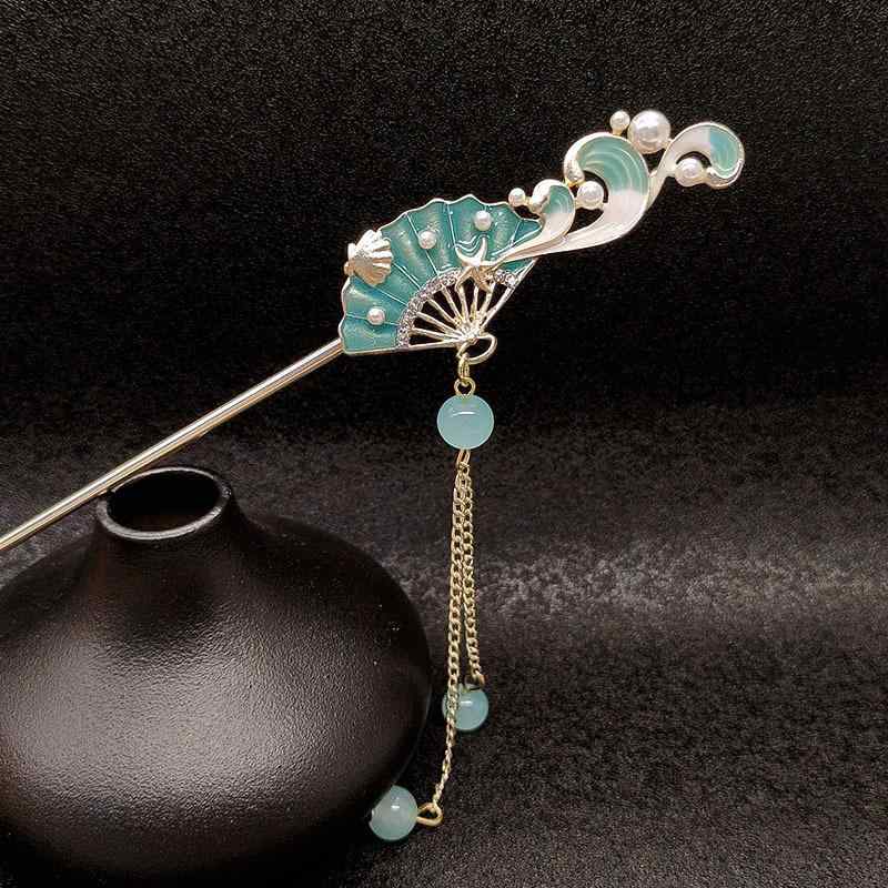 かんざし ブルー 波模様 タッセル 揺れる 髪飾り レトロ 上品 和装 まとめ髪 浴衣 着物 成人式 結婚式 ヘアアクセサリー