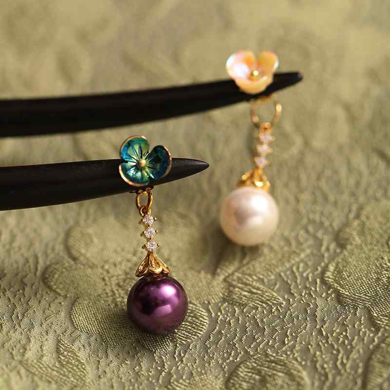 簪 レディース レトロ 新中国風 黒檀 木製 オリジナルデザイン 歩揺 花モチーフ 貝殻飾り 高級感 シンプル モダン チャイナドレス 和装 浴衣 着物 まとめ髪 アップヘア ヘアアレンジ パーティー 結婚式 ヘアスティック