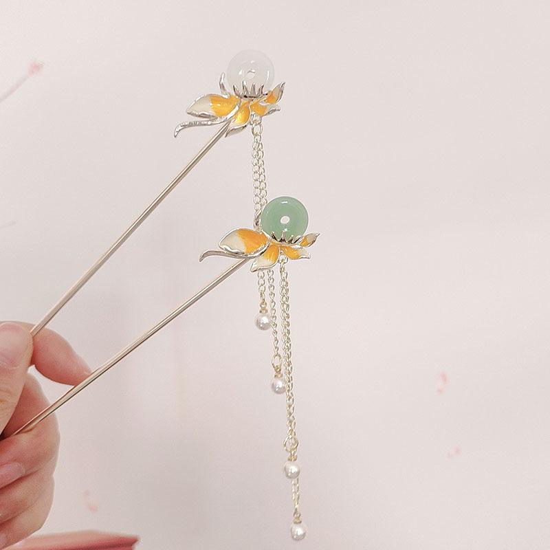 かんざし レディース レトロ 和風 揺れる歩揺 フラワー 平安飾り タッセル 翡翠風 エナメル加工 漢服 チャイナドレス 和装 洋装 多用途 アクセサリー