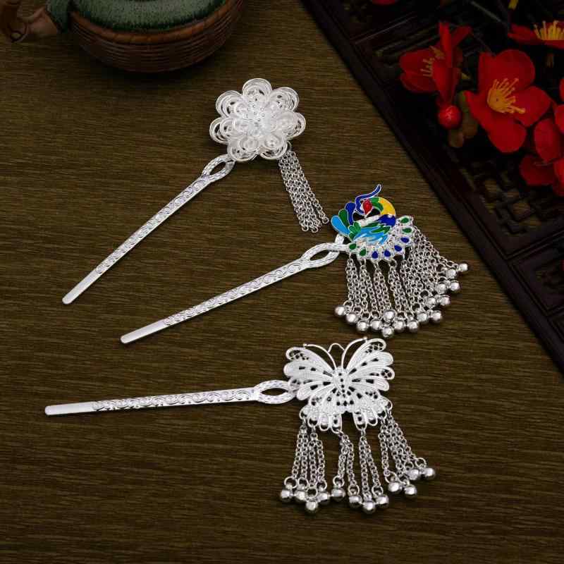 かんざし レディース 民族調 中国風 苗族風シルバー カラフル エナメル加工 孔雀 蝶 花 歩揺 レトロ アンティーク風 旅行 観光 ヘアアクセサリー 亜鉛合金製