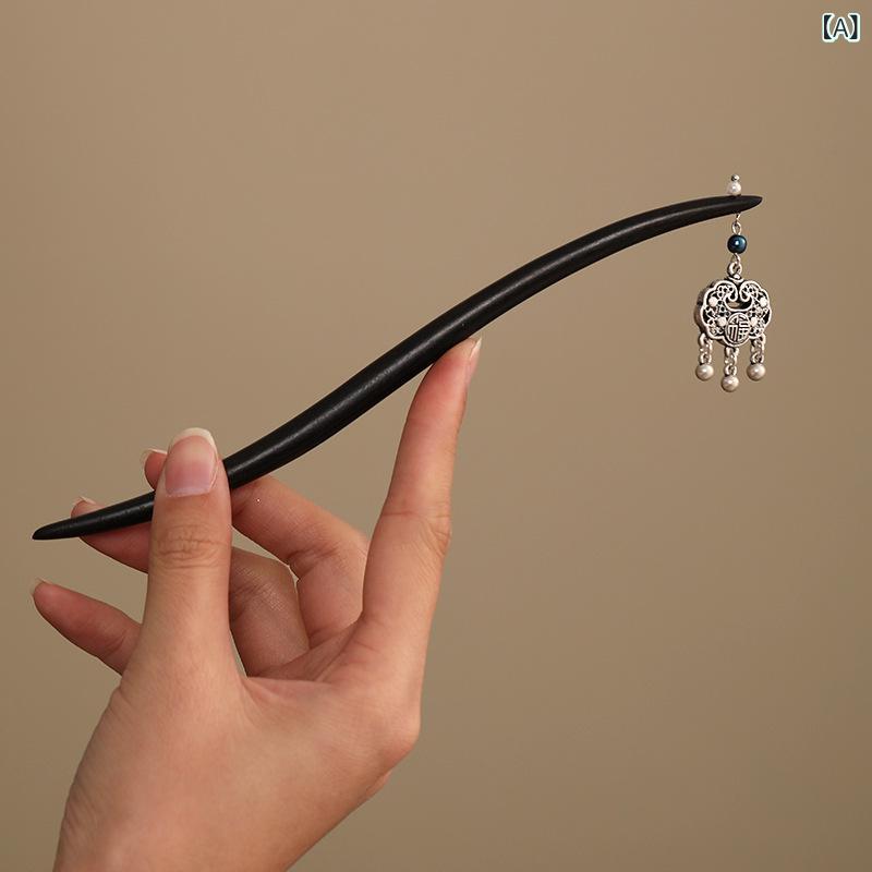 かんざし 和風 レトロモダン 黒檀 木製 花モチーフ 歩揺 タッセル 縁起物 まとめ髪 アップヘア 漢服 着物 浴衣 髪飾り 新中華風 ヘアアクセサリー