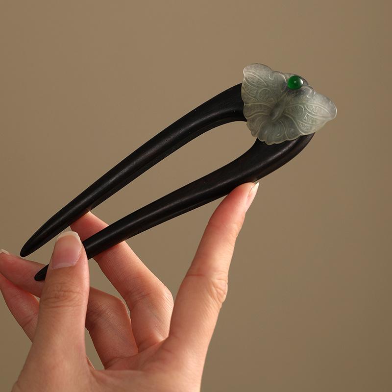 かんざし レディース 岫玉 蝶 U字型 檀木 新チャイナ風 個性的デザイン 日常使い まとめ髪 アップヘア 髪留め