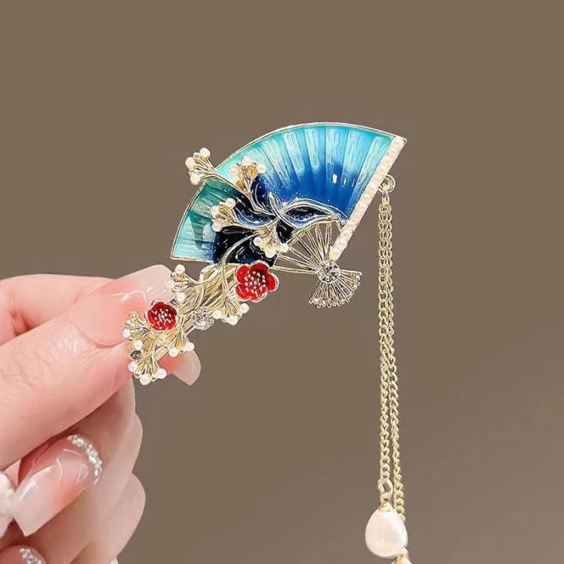 ヘアクリップ レディース 扇形 花 フリンジ タッセル 揺れるデザイン サイドクリップ 合金製 電気メッキ加工 漢服 古風 中華風 レトロ 髪飾り 和装小物