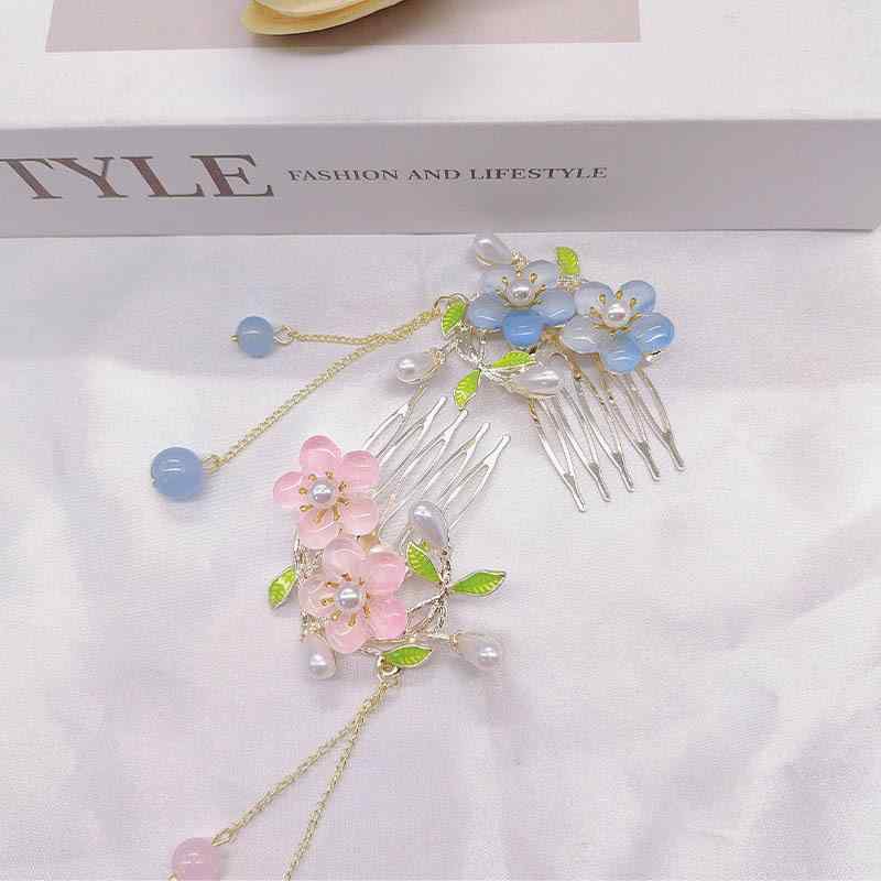 髪飾り レディース 古風 レトロ 桃モチーフ 高級感 簪 かんざし ヘアコーム 挿し櫛 歩揺 漢服 和装 ドレス オールシーズン 電気メッキ加工