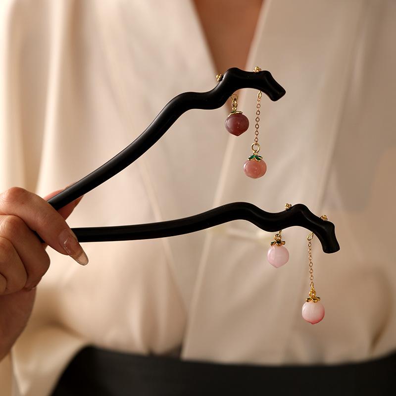 かんざし 髪飾り 黒檀 木製 柿 花モチーフ 古風 揺れる 歩揺 タッセル 普段使い シンプル 漢服 チャイナドレス まとめ髪 エスニック アジアン