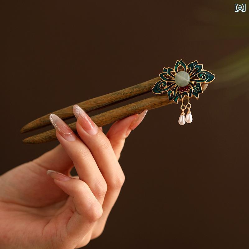 簪 レディース 緑檀木 U字型 タッセル 揺れる 花モチーフ 民族風 焼青 チャイナドレス まとめ髪 髪飾り 新中華風 古風 ヘアスティック