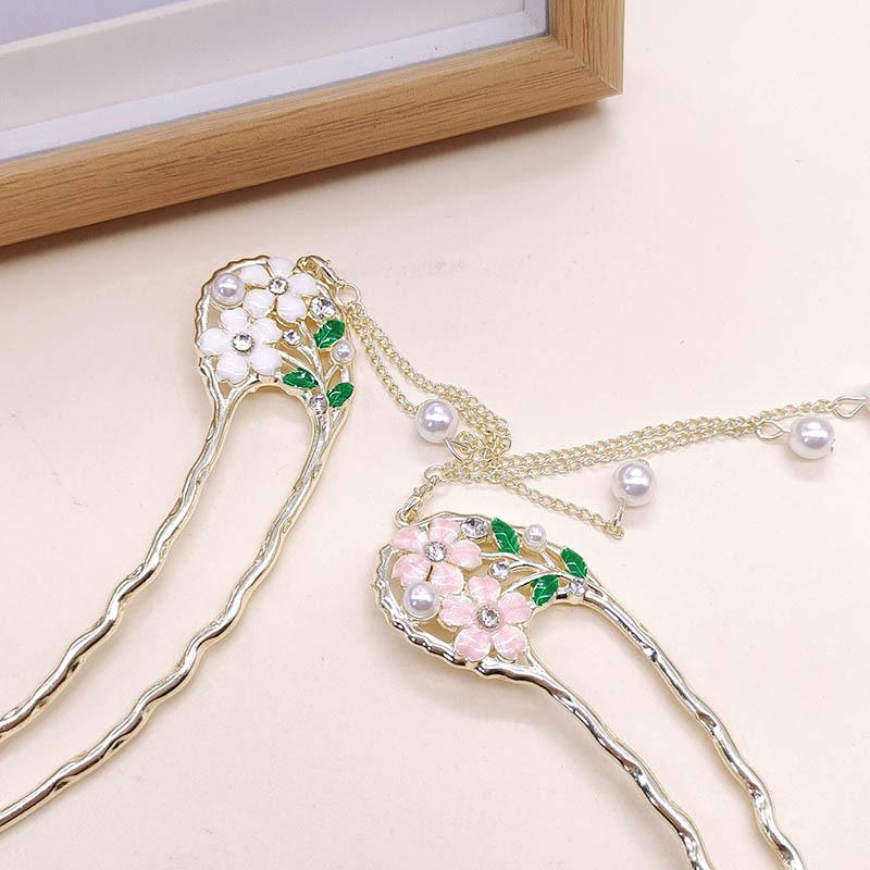 ["かんざし 新チャイナ風 U字型 ダブルフラワー パール タッセル 歩揺 髪飾り 高級感 個性的 漢服 合金製 古風 ホワイト ピンク ブルー 春夏 発表会 結婚式 成人式 卒業式 和装","かんざし 新チャイナ風 U字型 ダブルフラワー パール タッ