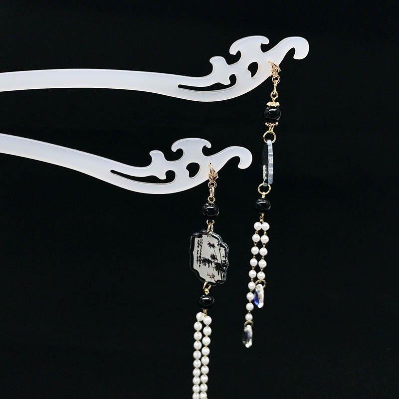 かんざし 水墨画柄 扇モチーフ タッセル 揺れる 高級感 上品 アセテート素材 新中華風 古風 まとめ髪 ..