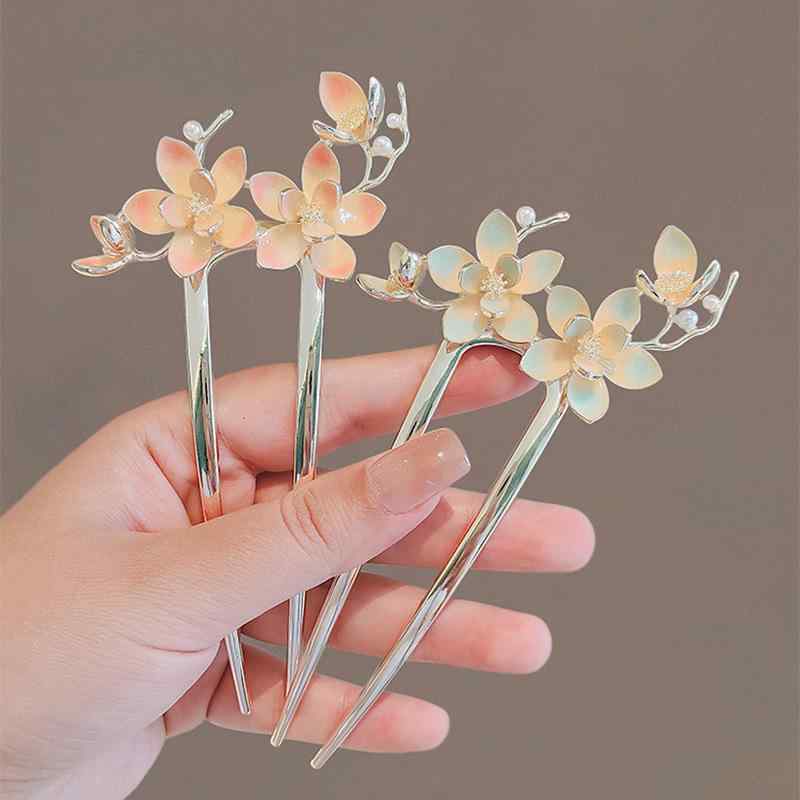 簪 レディース 古風 桃の花 U字型 上品 高級感 合金製 電気メッキ加工 まとめ髪 アップヘア ヘアアレンジ 新中華風 髪飾り ピーチピンク ピーチブルー 春夏
