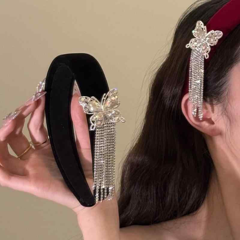 カチューシャ レディース 秋冬 煌めく ジルコニア 蝶 タッセル レッド 上品 エレガ...