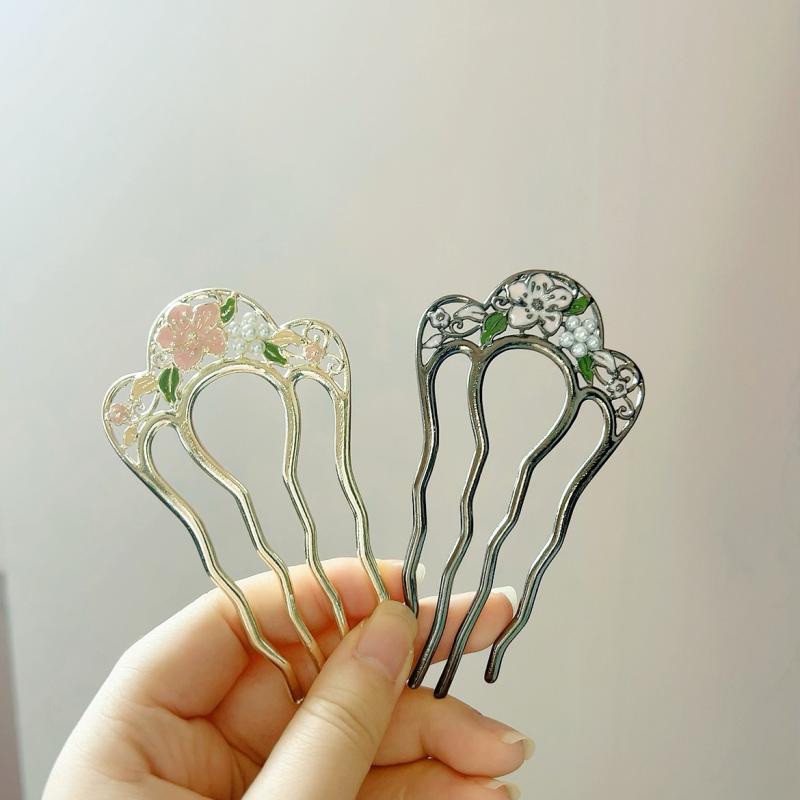 髪飾り レディース 透かし彫り 花柄 U字型 ヘアコーム かんざし 高級感 合金製 電気メッキ加工 モダンチャイナ風 アンティーク 和装 結婚式 パーティー アップヘア まとめ髪 カジュアル おしゃれ
