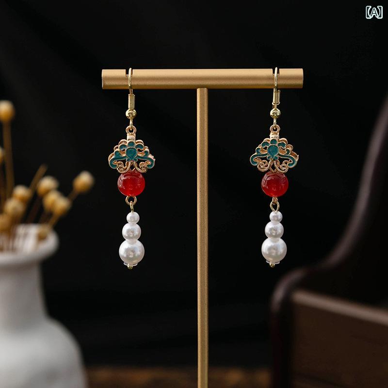 ピアス レディース 新中華風 古風 レッド パール ビーズ ドロップ 揺れる 祥雲 華やか 上品 オリエンタル レトロ チャイナドレス 漢服 和装 エスニック