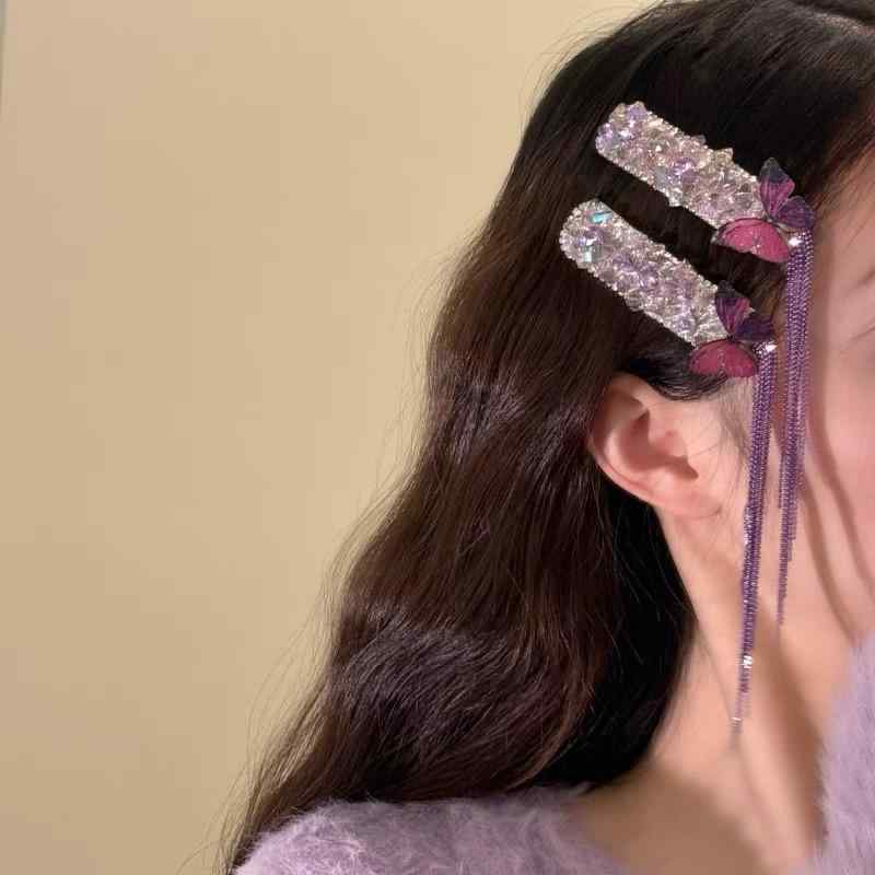 ヘアクリップ レディース 高級感 紫 クリスタル バタフライ タッセル 新中華風 前髪 アホ毛 サイドクリップ 樹脂製 精巧 上品 大人可愛い 髪飾り