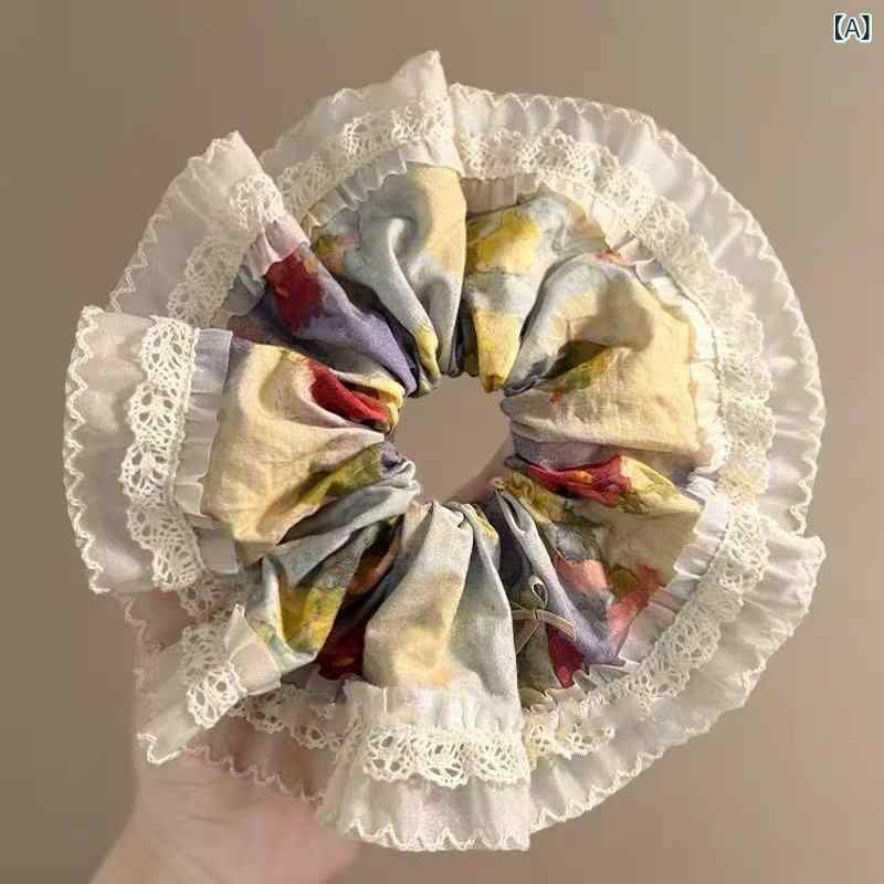 シュシュ レディース 高弾力 手作り 油絵風 花柄 フレンチ レース リボン レトロ ...