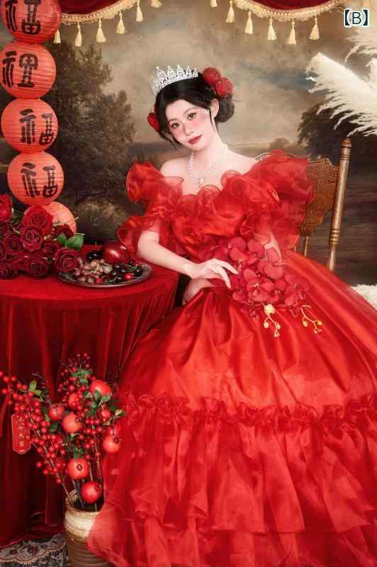 セキュアデポのドレス レディース ロングドレス ウェディングドレス 二次会 演奏会 パーティードレス Aライン ハイウエスト ベアトップ オフショルダー ボリューム フリル ティアード サテン チュール レース｜アングル2