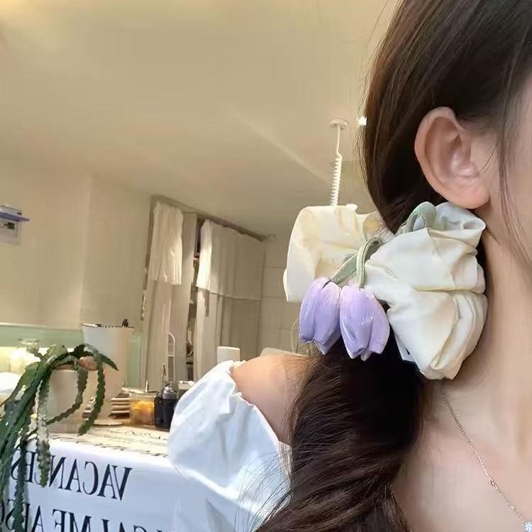シュシュ レディース ボリューム チューリップ フラワー リボン ヘアゴム 高級感 かわいい フェミニン ローポニー お団子ヘア 韓国風