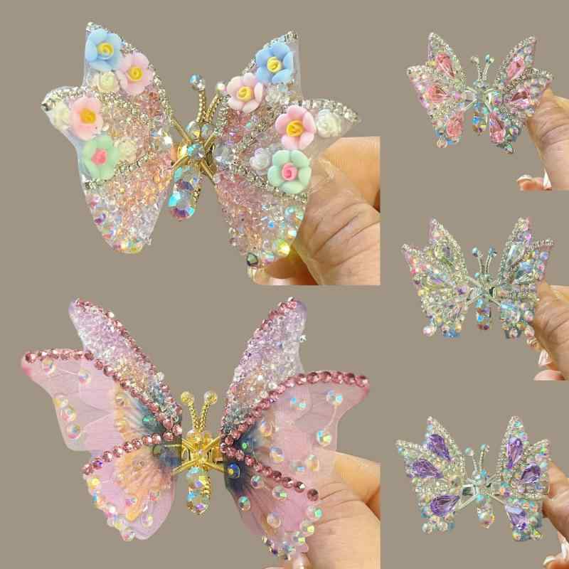 ヘアクリップ レディース 上品 クリスタル 蝶 バタフライ 揺れる ダッカールクリップ 電気メッキ加工 ..