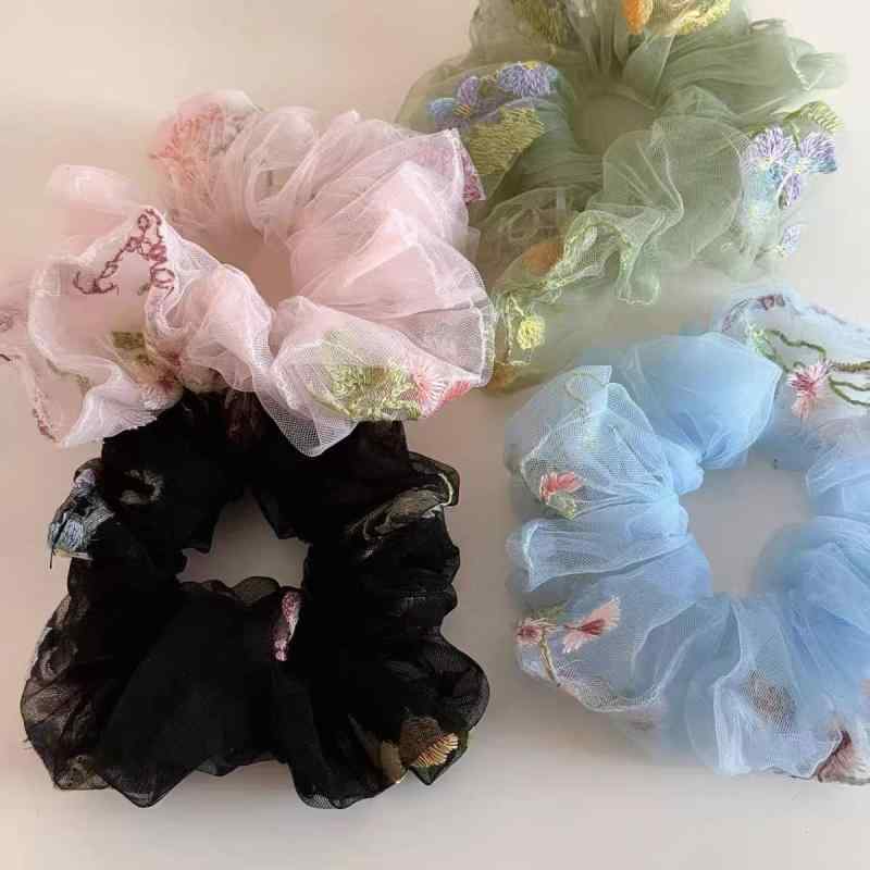 ヘアアクセサリー レディース 高弾力 シュシュ ヘアゴム チャイナ風 新中華風 レトロ 刺繍 小花柄 メッシュ オーガンジー 上品 かわいい カラフル 韓国ファッション 布製