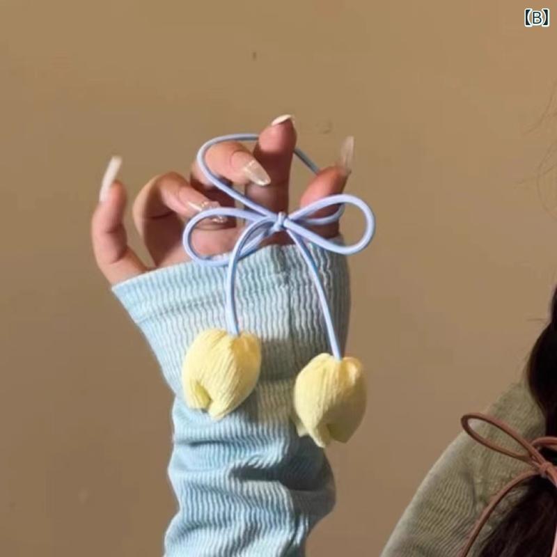 ヘアゴム レディース チューリップ モチーフ 跡がつかない 上品 エレガント シンプル かわいい 韓国ファッション 布製 ポニーテール 髪飾り デイリー オフィス カジュアル ブルー イエロー グリーンの商品画像 3