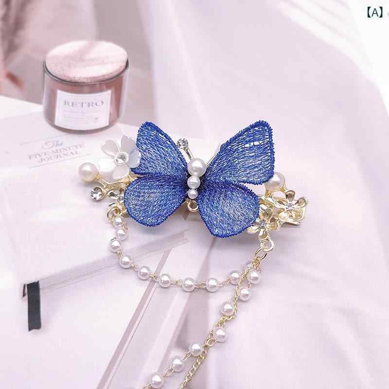 ヘアアクセサリー レディース 韓国風 刺繍 蝶 パール タッセル 高級感 上品 エレガ...