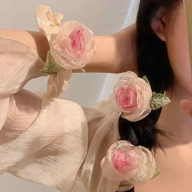 ヘアクリップ シュシュ レディース ドライローズ 花 オーガンジー 上品 高級感 清楚 森ガール系 ナチュラル 前髪 サイド ヘアアレンジ 韓国ファッション 春夏