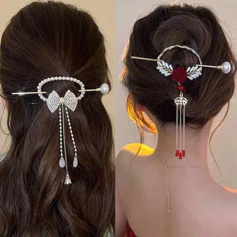 ヘアアクセサリー レディース パール 薔薇 タッセル 合金製 かんざし 古風 レトロ デザイン フラワーモチーフ まとめ髪 アップヘア