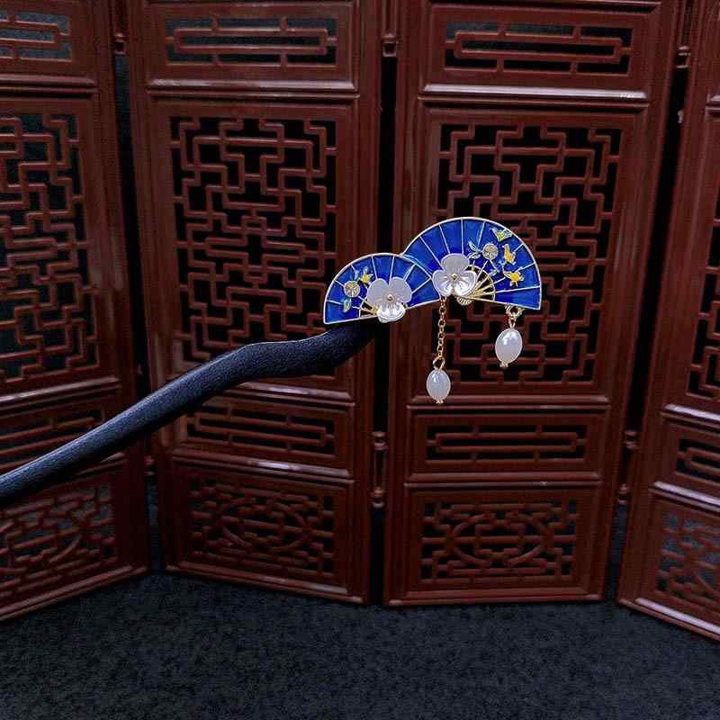 簪 レディース 高級感 揺れる 木製 ブルー 扇子 花 フラワー タッセル 和風 レトロモダン まとめ髪 かんざし 髪飾り 浴衣 着物 成人式 卒業式 ヘアアクセサリー