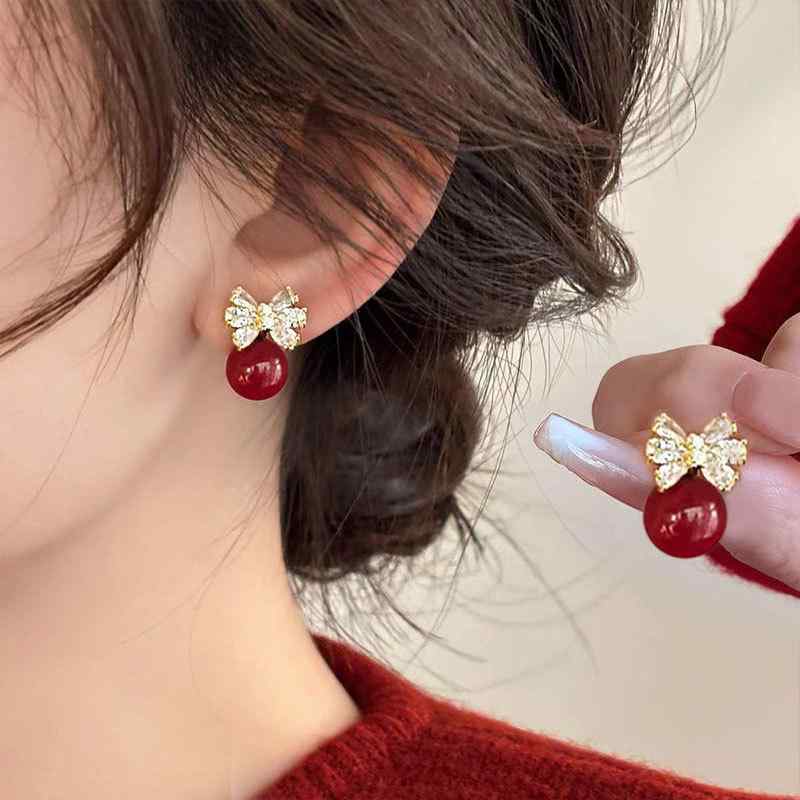 Rhodolite - ピアス レディース 赤 ジルコニア リボン パール 高級感 高見え 個性的 S925ポスト おしゃれ 大人かわいい エレガント フェミニン 合金製 普段使い デイリーユース